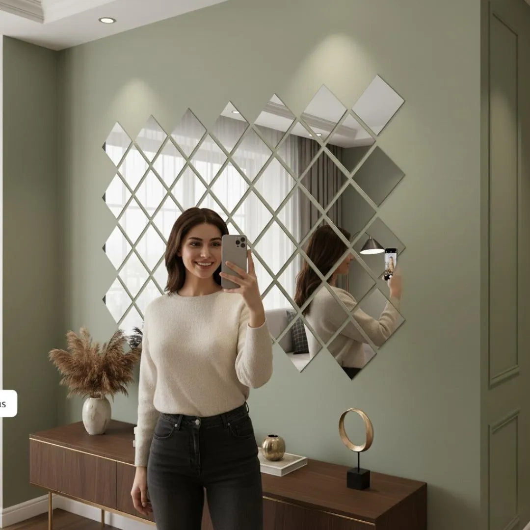 Acrylic Square Mirror Wall Border Set of 6 Golden Silver