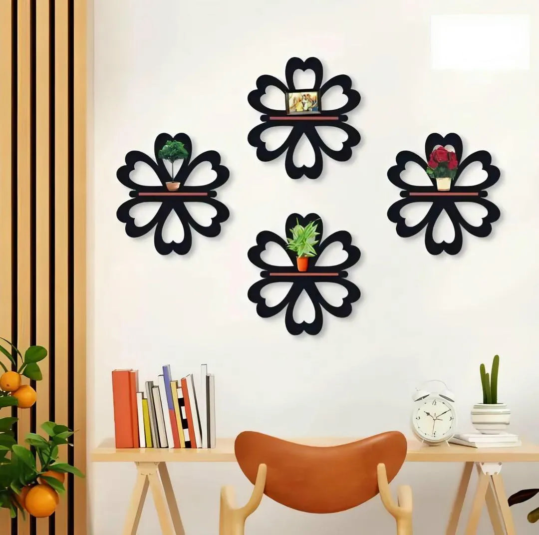 Set of 4 Black Flower Wall Shelves for Home Decor