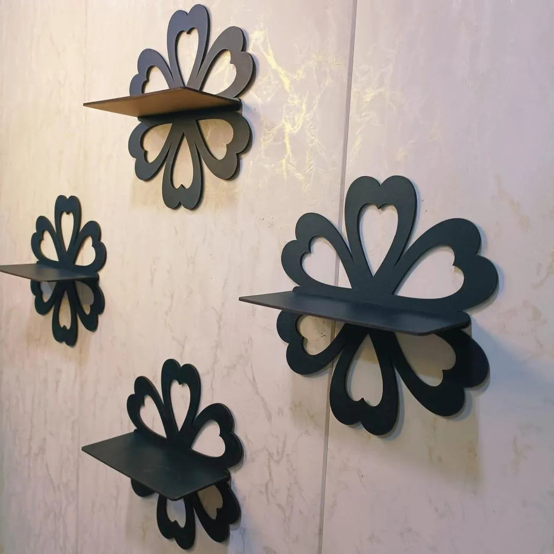 Set of 4 Black Flower Wall Shelves for Home Decor