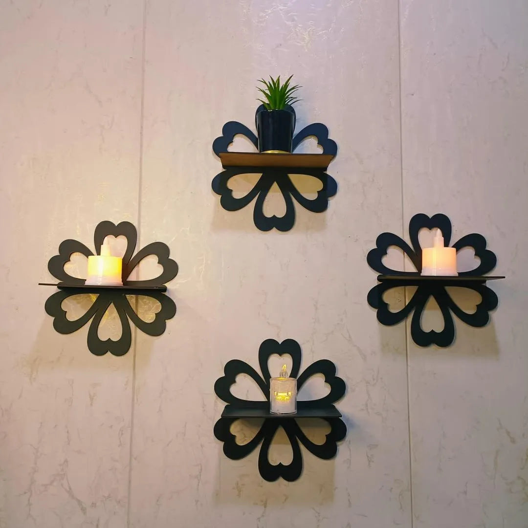 Set of 4 Black Flower Wall Shelves for Home Decor