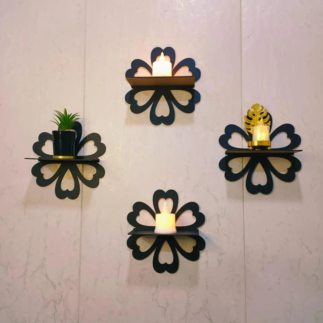 Set of 4 Black Flower Wall Shelves for Home Decor