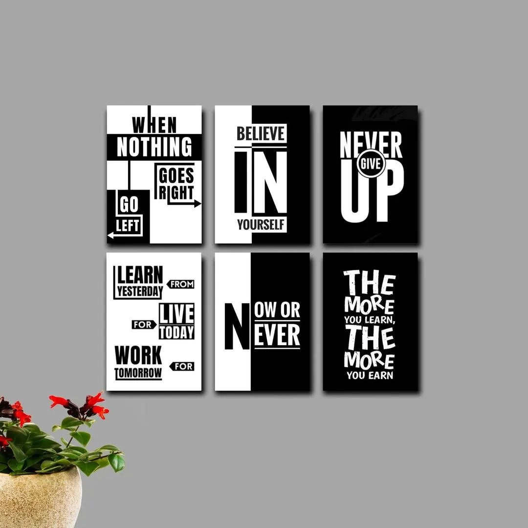 6 Pcs Motivational Wall Art Tiles 8x11 MDF Black White