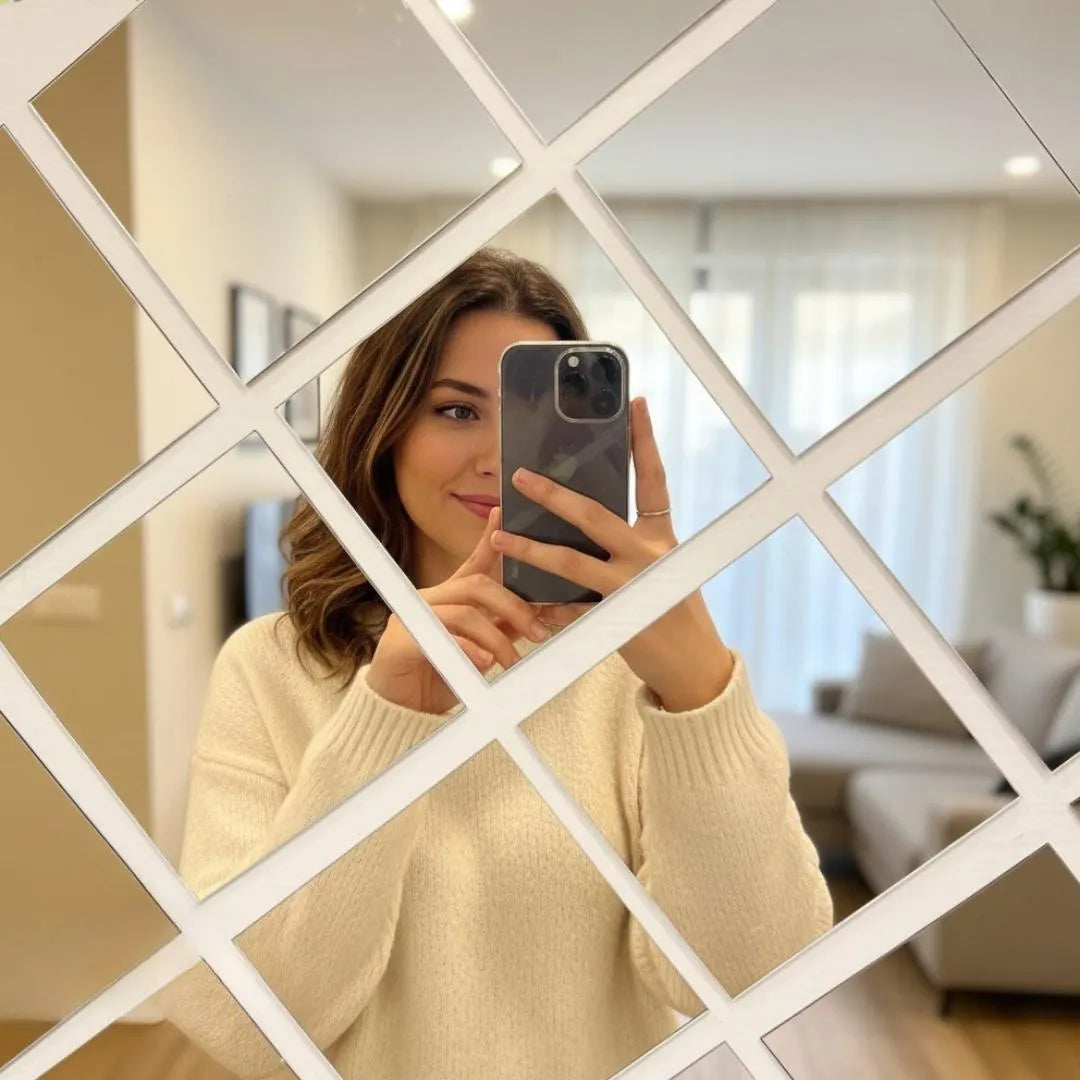 Acrylic Square Mirror Wall Border Set of 6 Golden Silver