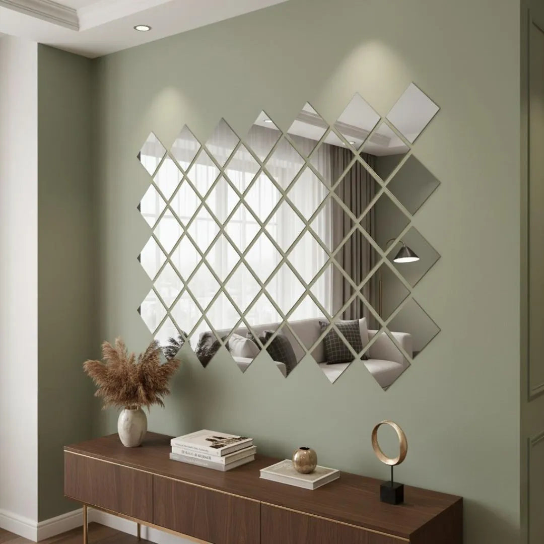 Acrylic Square Mirror Wall Border Set of 6 Golden Silver