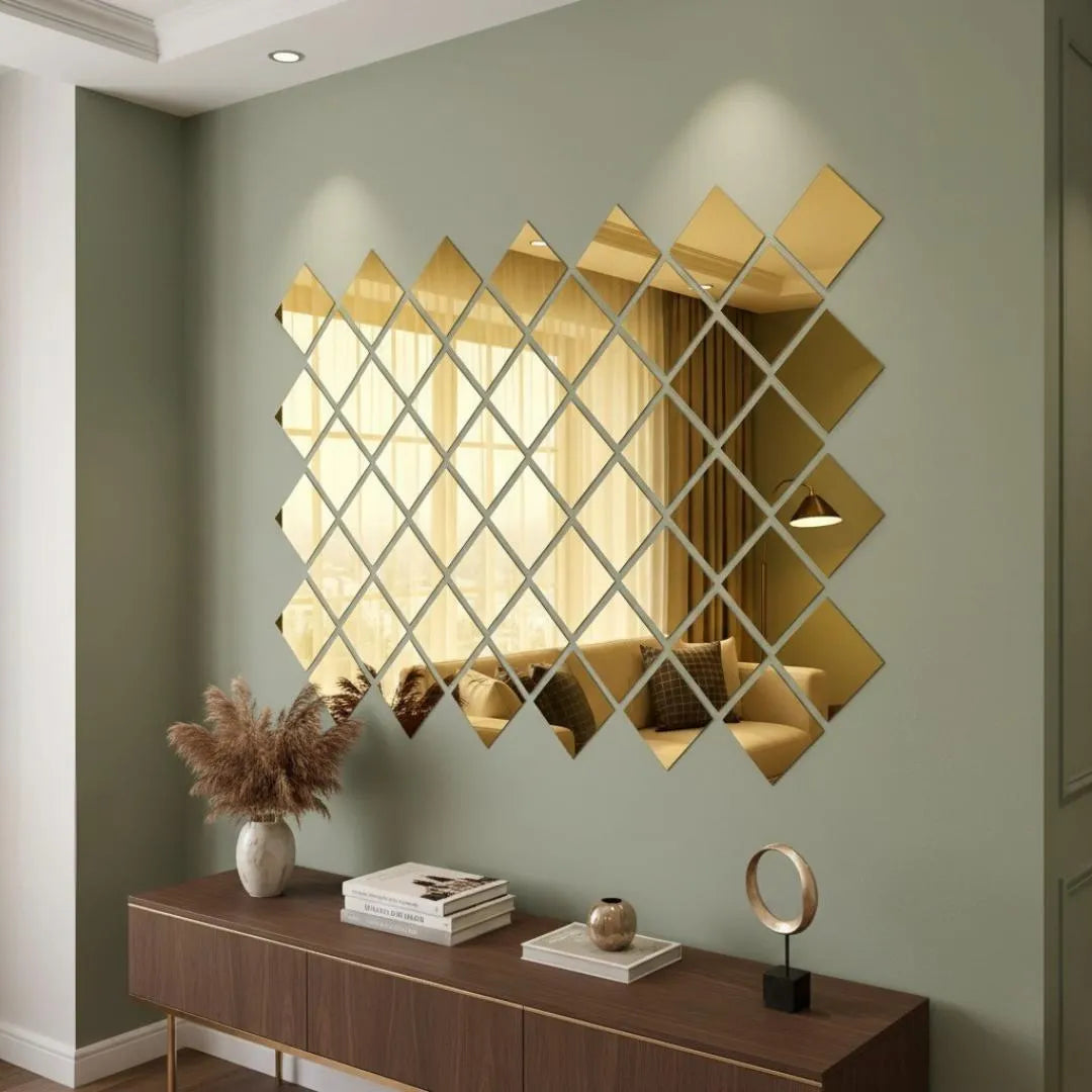 Acrylic Square Mirror Wall Border Set of 6 Golden Silver